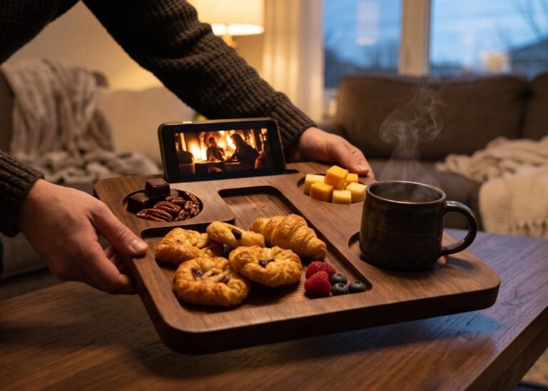 Hands placing a walnut tray with pastries, fruit and a mug on a coffee table.