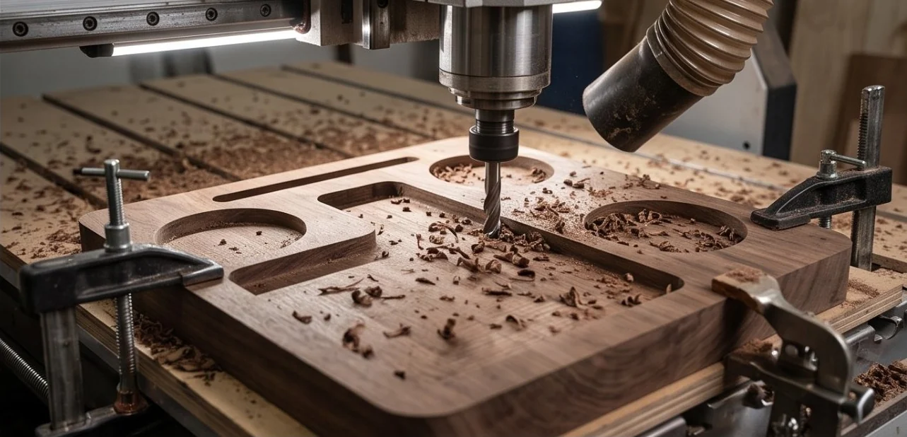 A CNC router cutting the wells of a walnut tray, with wood shavings across the board.