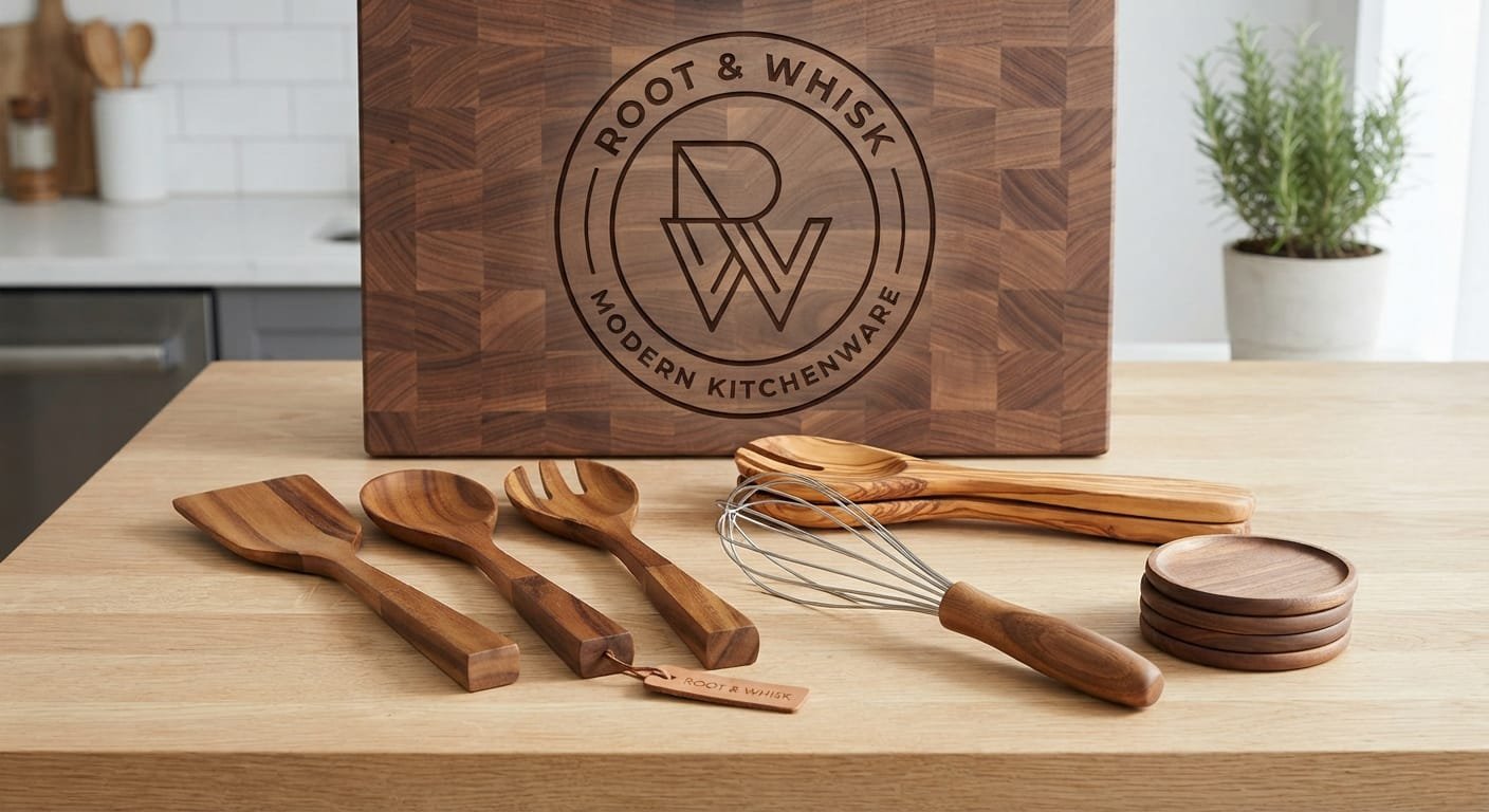 Walnut and acacia spatula, spoon, fork, whisk, salad servers and coasters in front of an engraved Root & Whisk end-grain board.