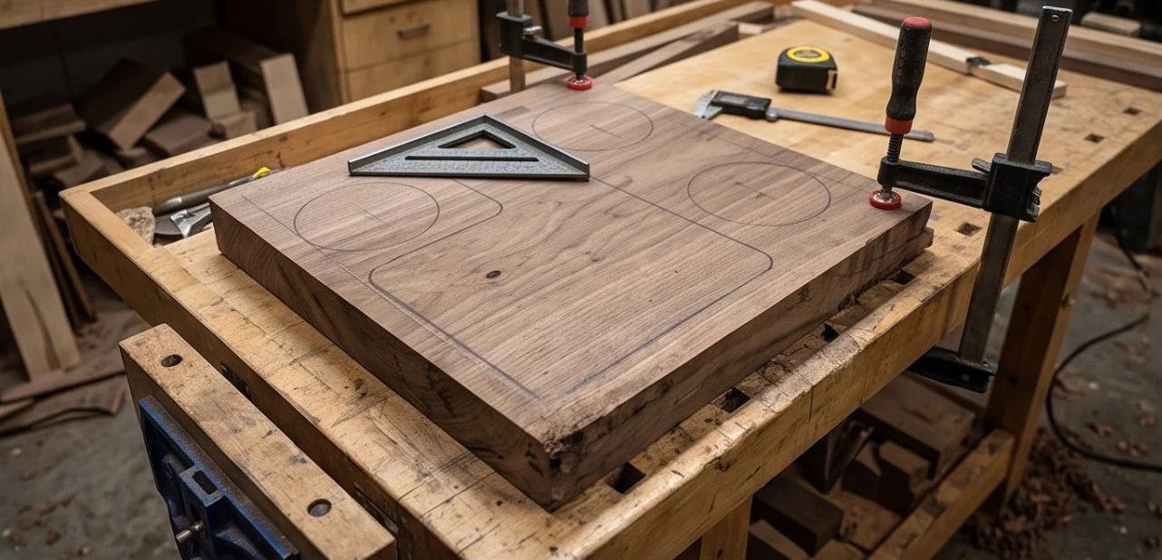 A walnut board on a workbench, marked out with the outline of the tray, its wells and the phone slot.