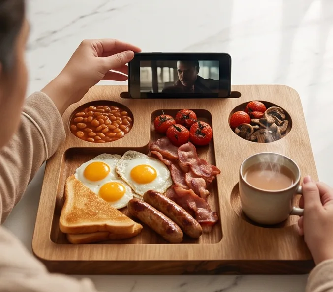 Breakfast laid out on the walnut tray with a phone and a cup of tea.